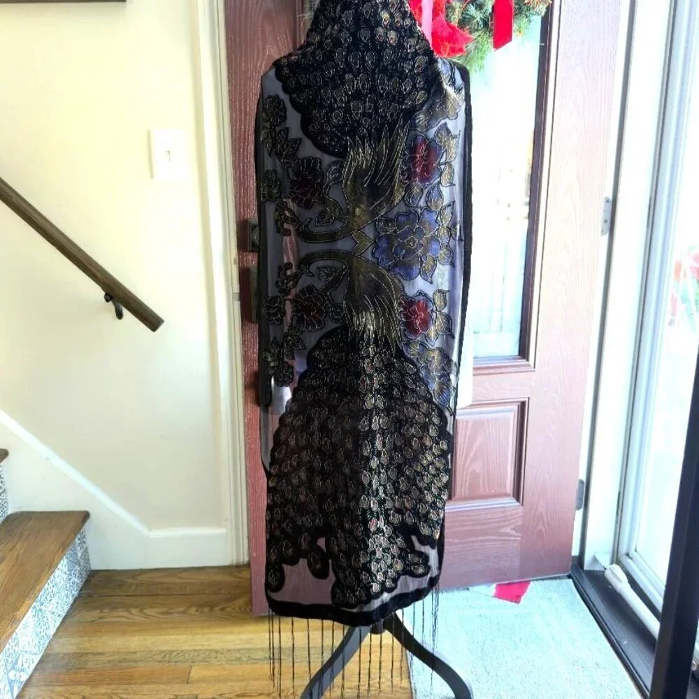 Silk Burnout Velvet Peacock Scarf Wrap Shawl sparkle Fringe 21 x 60